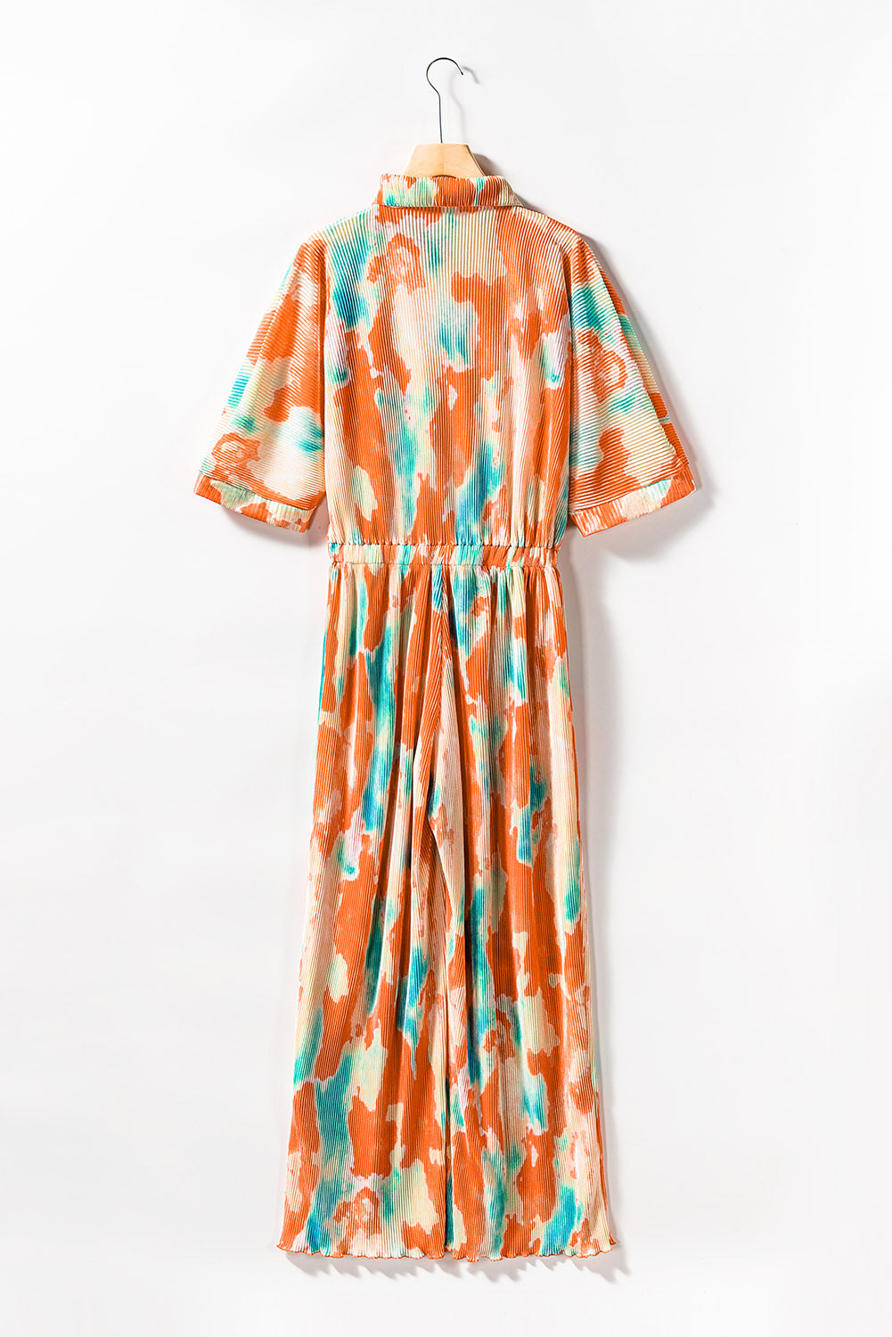 Multicolor Bohemian Tie Dye Pleated Shirt Collar Loose Jumpsuit - Dixie Hike & Style