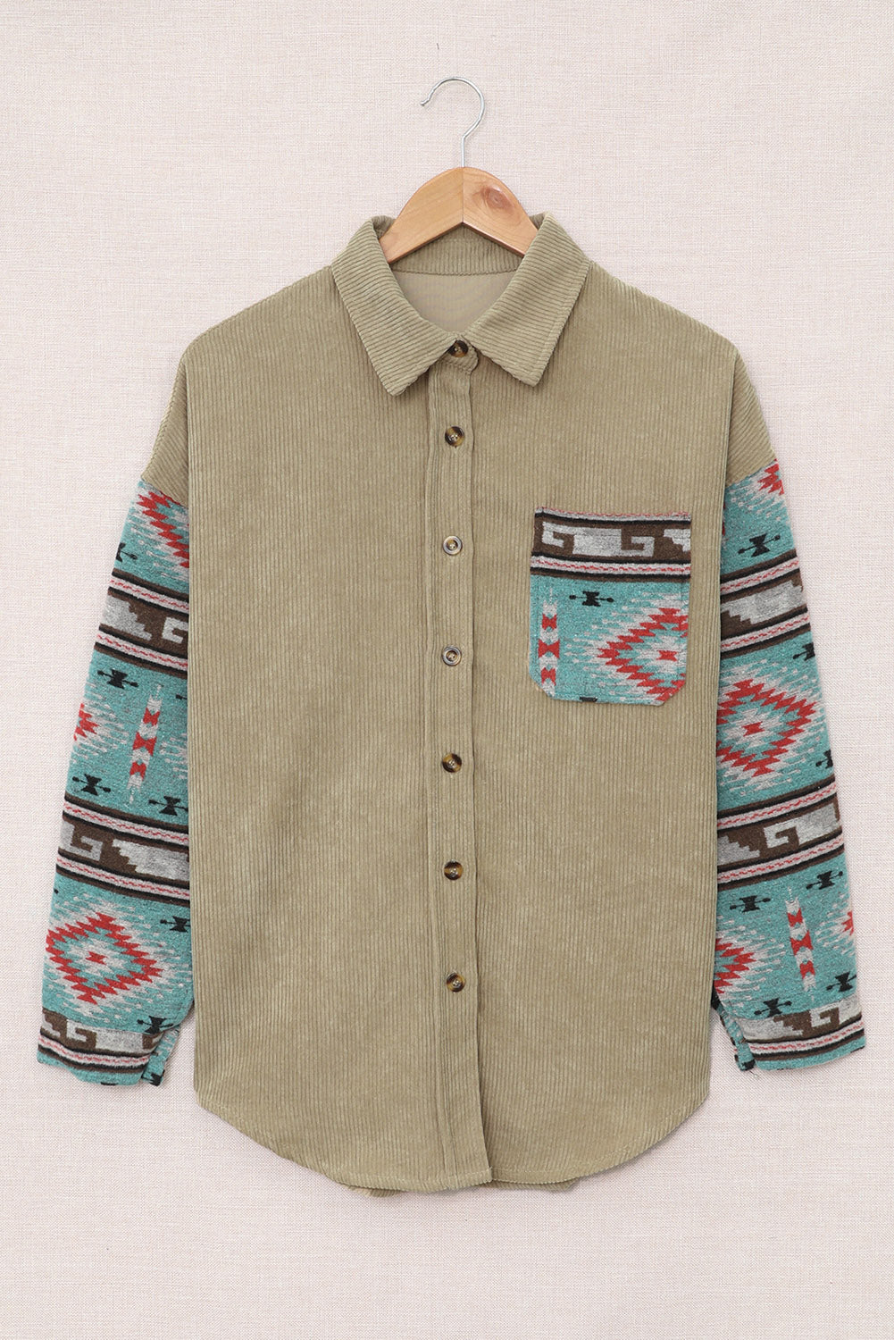 Khaki Aztec Pattern Sleeve Pocketed Corduroy Shacket - Dixie Hike & Style