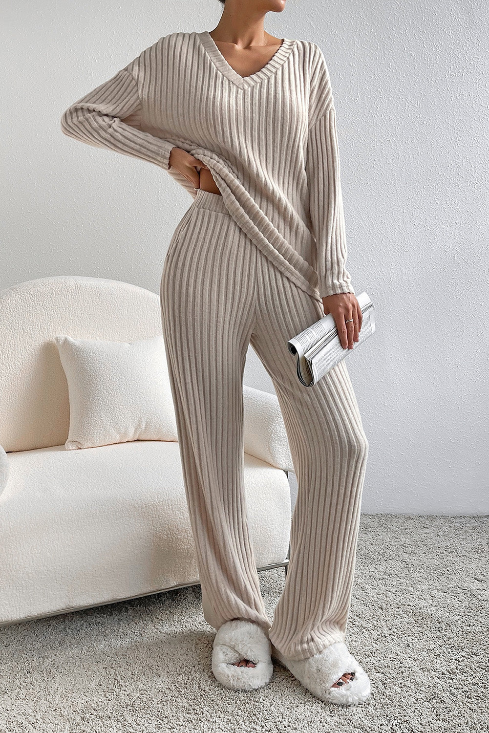 Khaki Ribbed Knit V Neck Slouchy Two-piece Outfit - Dixie Hike & Style