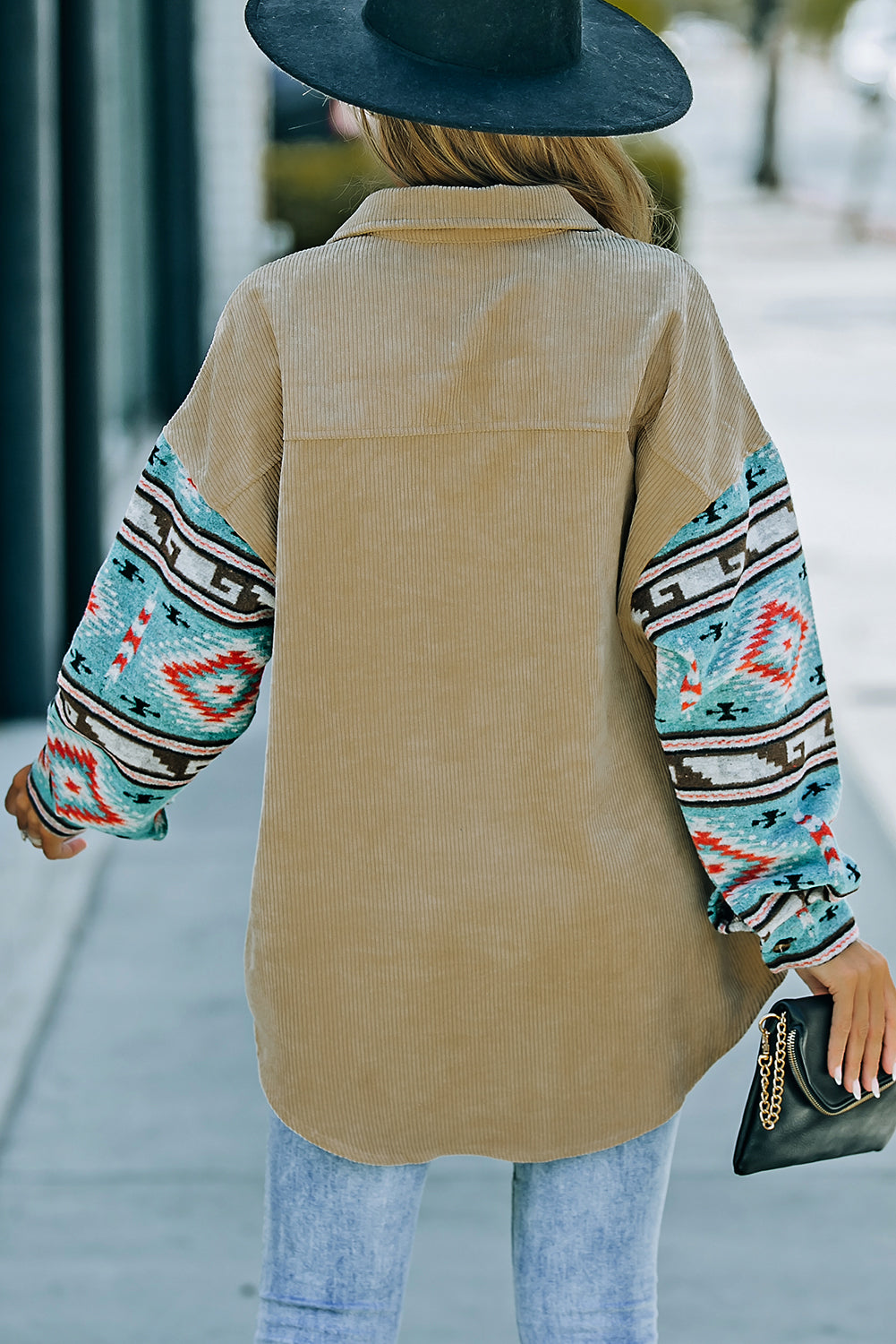 Khaki Aztec Pattern Sleeve Pocketed Corduroy Shacket - Dixie Hike & Style