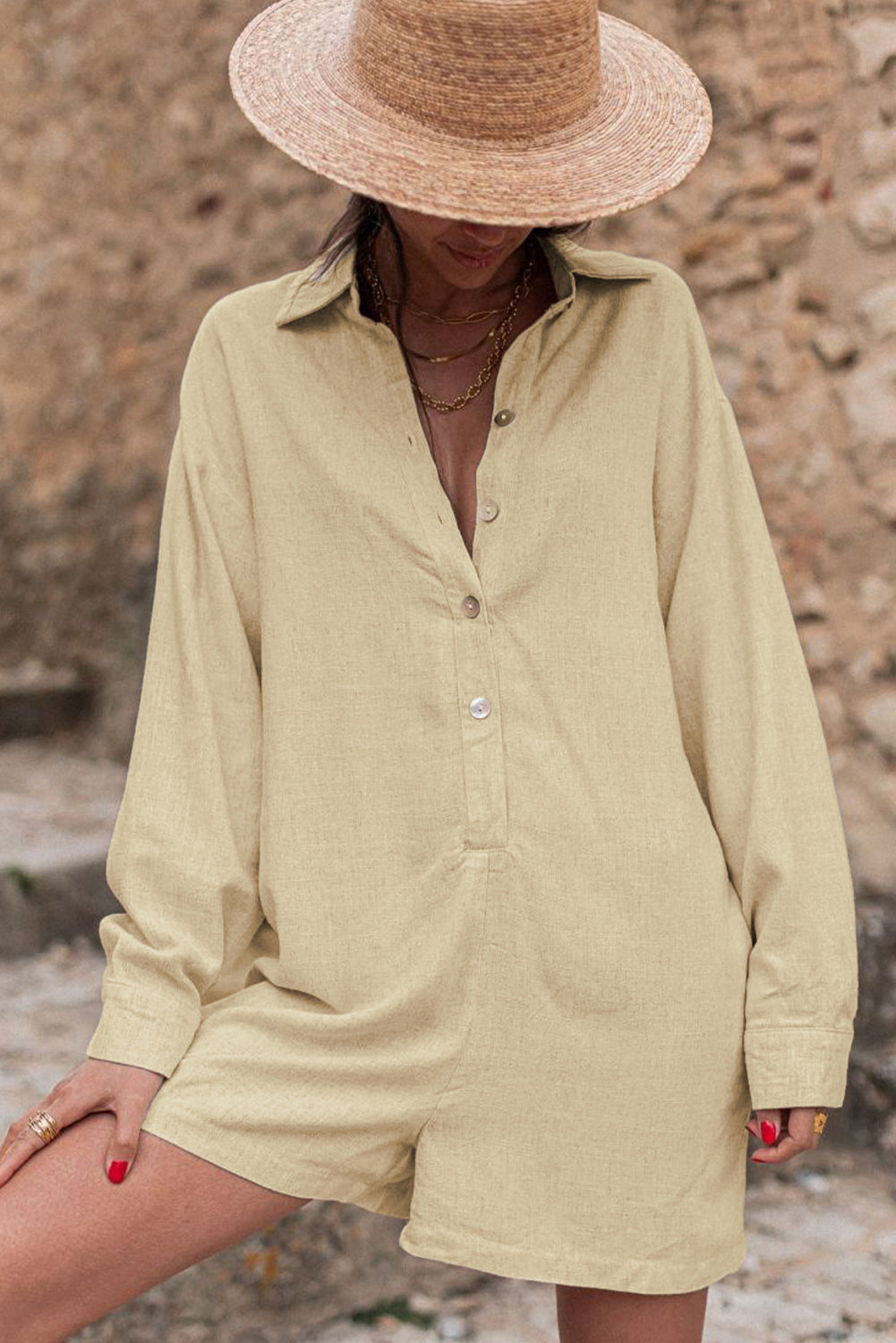 Half Button Shirt Collar Long Sleeve Loose Romper - Dixie Hike & Style
