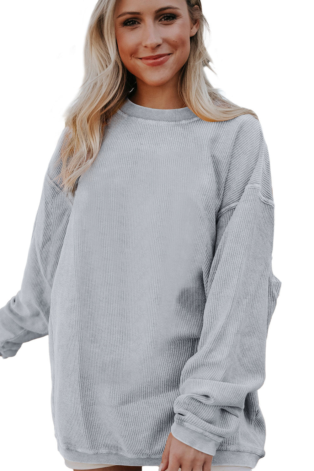 Light Grey Ribbed Corded Oversized Sweatshirt - Dixie Hike & Style