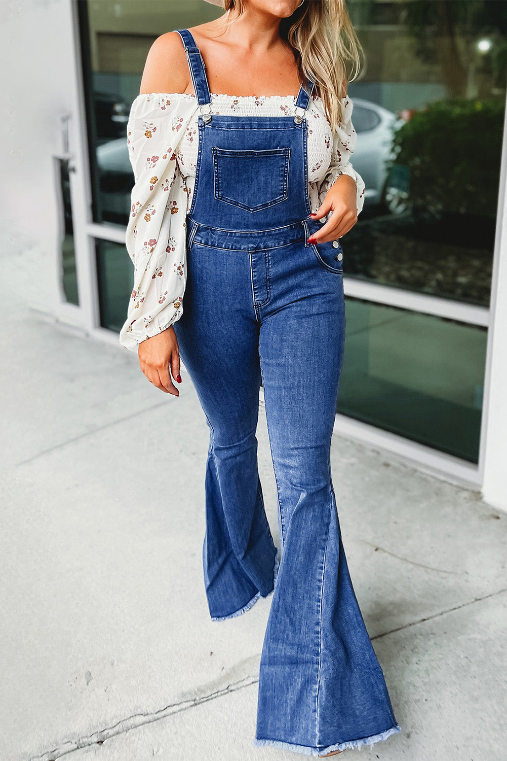 Dark Blue Adjustable Buckle Strap Flare Leg Denim Overalls - Dixie Hike & Style