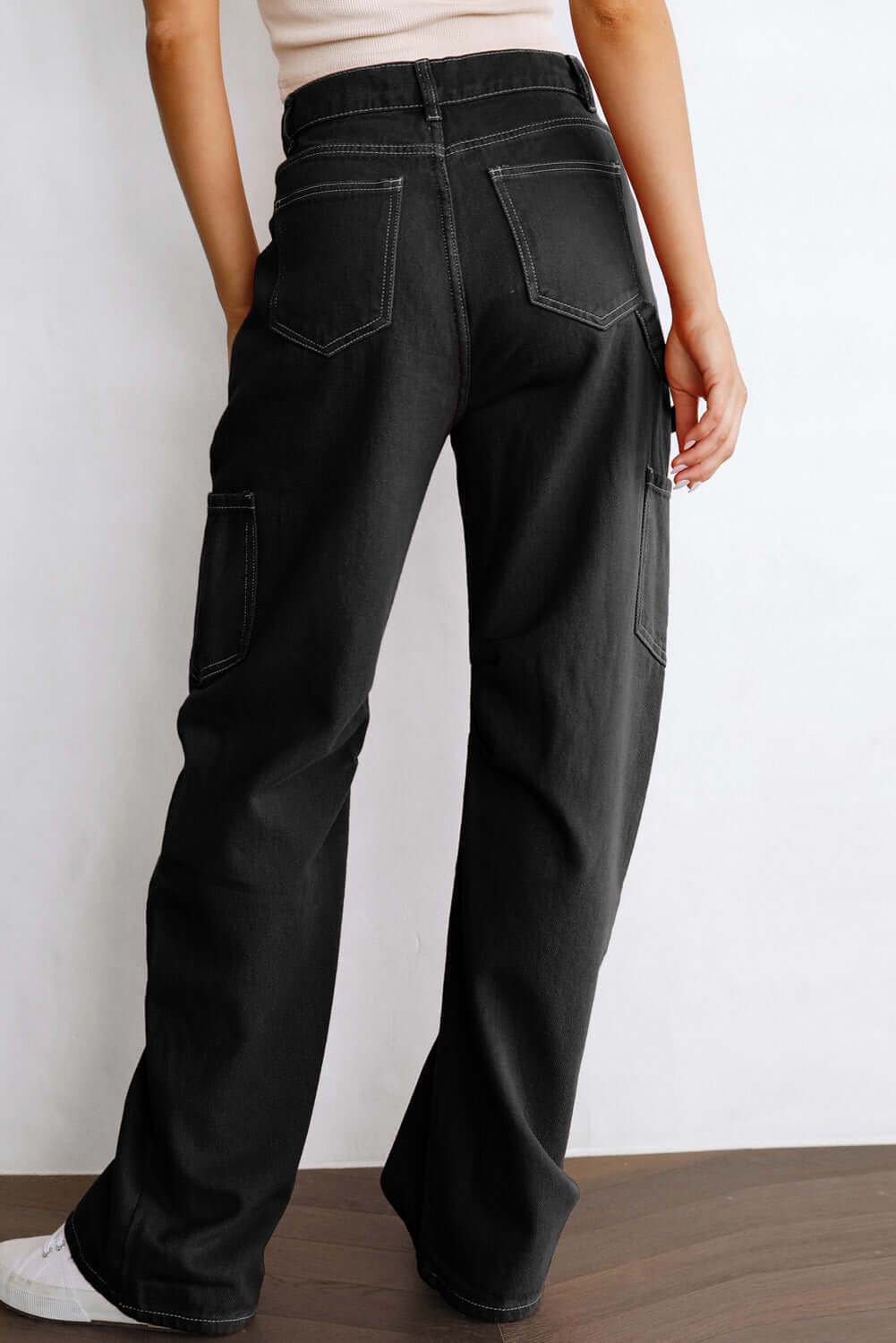 Black High Waist Straight Leg Cargo Pants with Pockets - Dixie Hike & Style