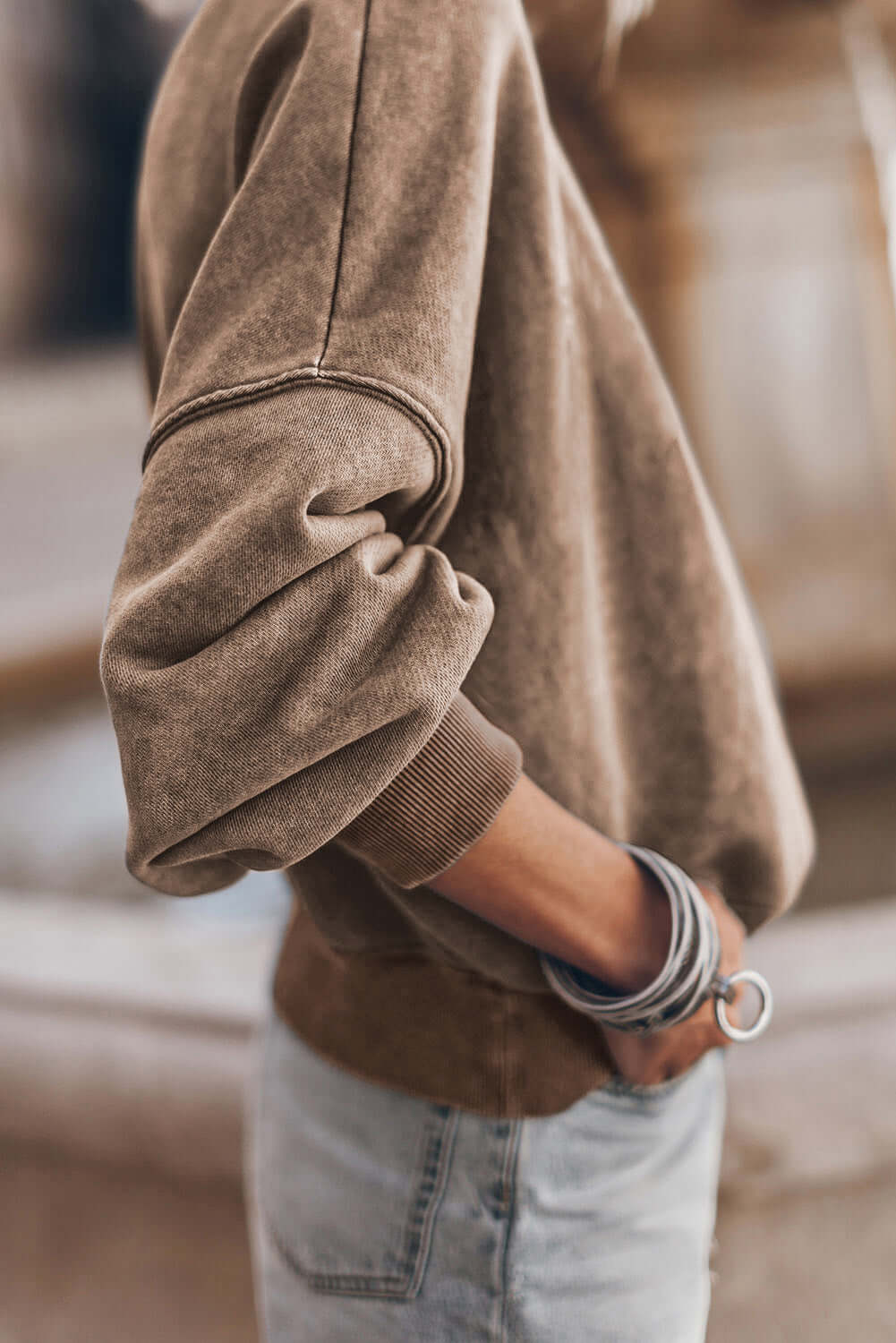 Brown Drop Shoulder Crew Neck Pullover Sweatshirt - Dixie Hike & Style