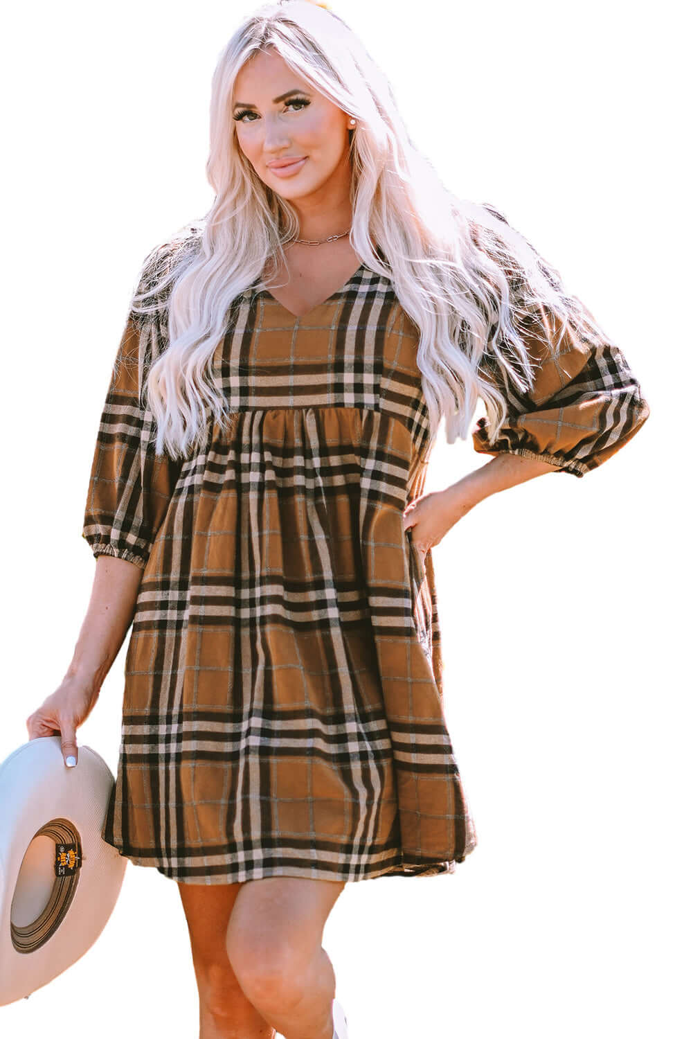 Brown Plaid Pattern Empire Waist Babydoll Dress - Dixie Hike & Style