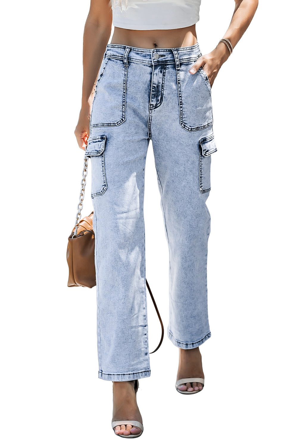 Sky Blue High Waist Wide Leg Cargo Jeans - Dixie Hike & Style