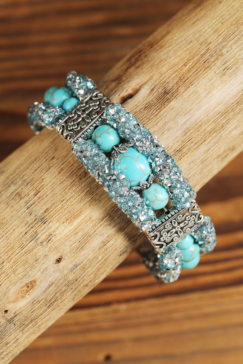 Green Western Turquoise Beads Rhinestone Carved Bracelet - Dixie Hike & Style