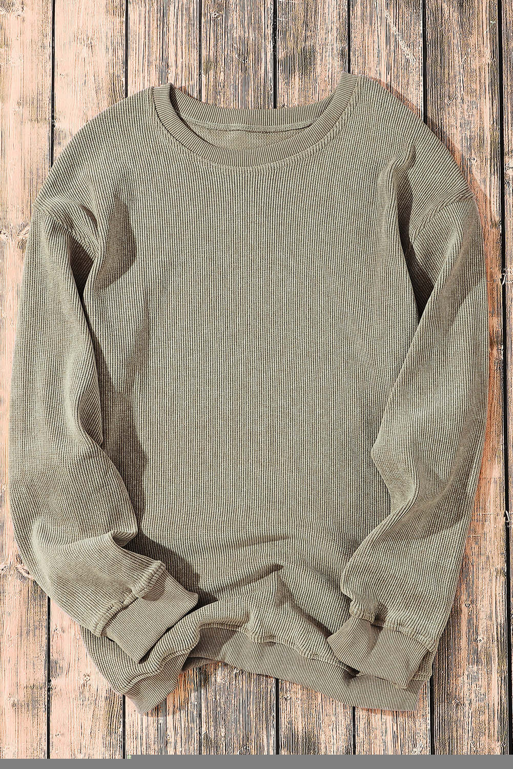 Green Solid Ribbed Knit Round Neck Pullover Sweatshirt - Dixie Hike & Style