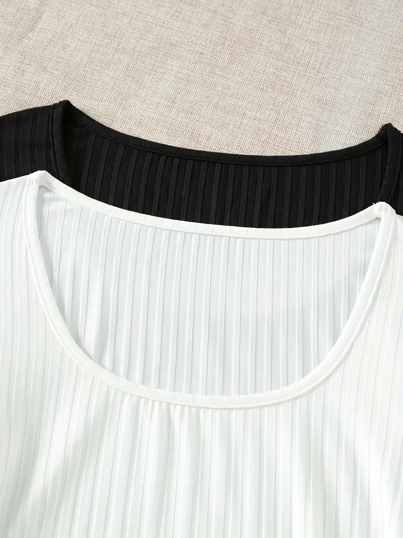 Solid Rib Knit Bodysuit, Casual Scoop Neck Long Sleeve Bodysuit - Dixie Hike & Style