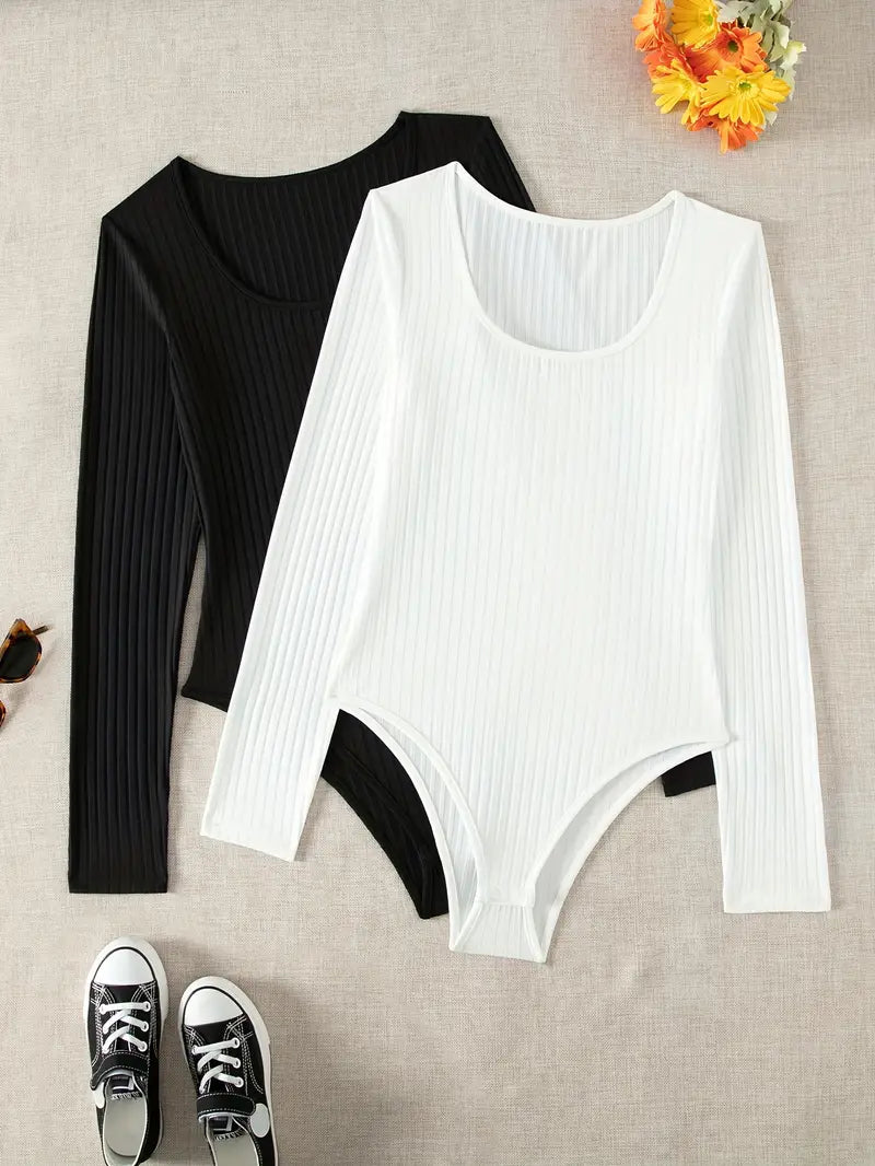 Solid Rib Knit Bodysuit, Casual Scoop Neck Long Sleeve Bodysuit - Dixie Hike & Style