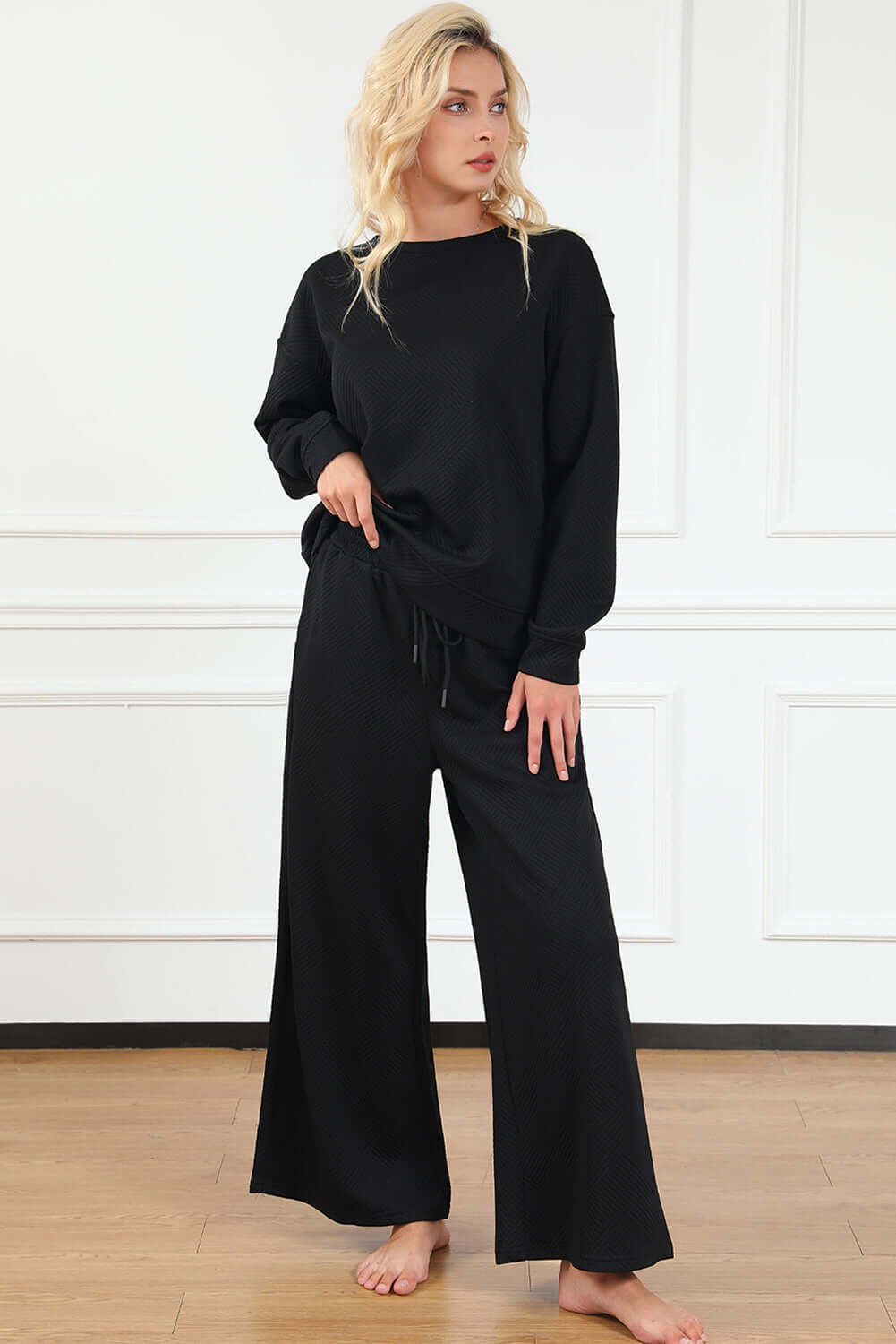 Black Ultra Loose Textured 2pcs Slouchy Outfit - Dixie Hike & Style