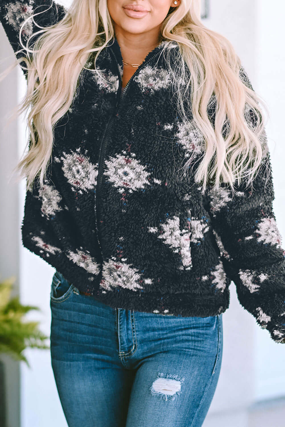 Black Aztec Pattern Zipper Collared Sherpa Jacket - Dixie Hike & Style