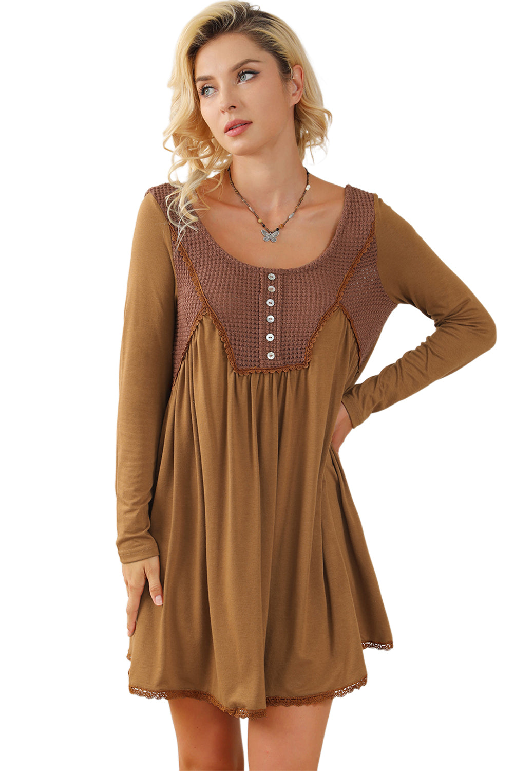 Textured Accent Patchwork Long Sleeve Flare Dress - Dixie Hike & Style