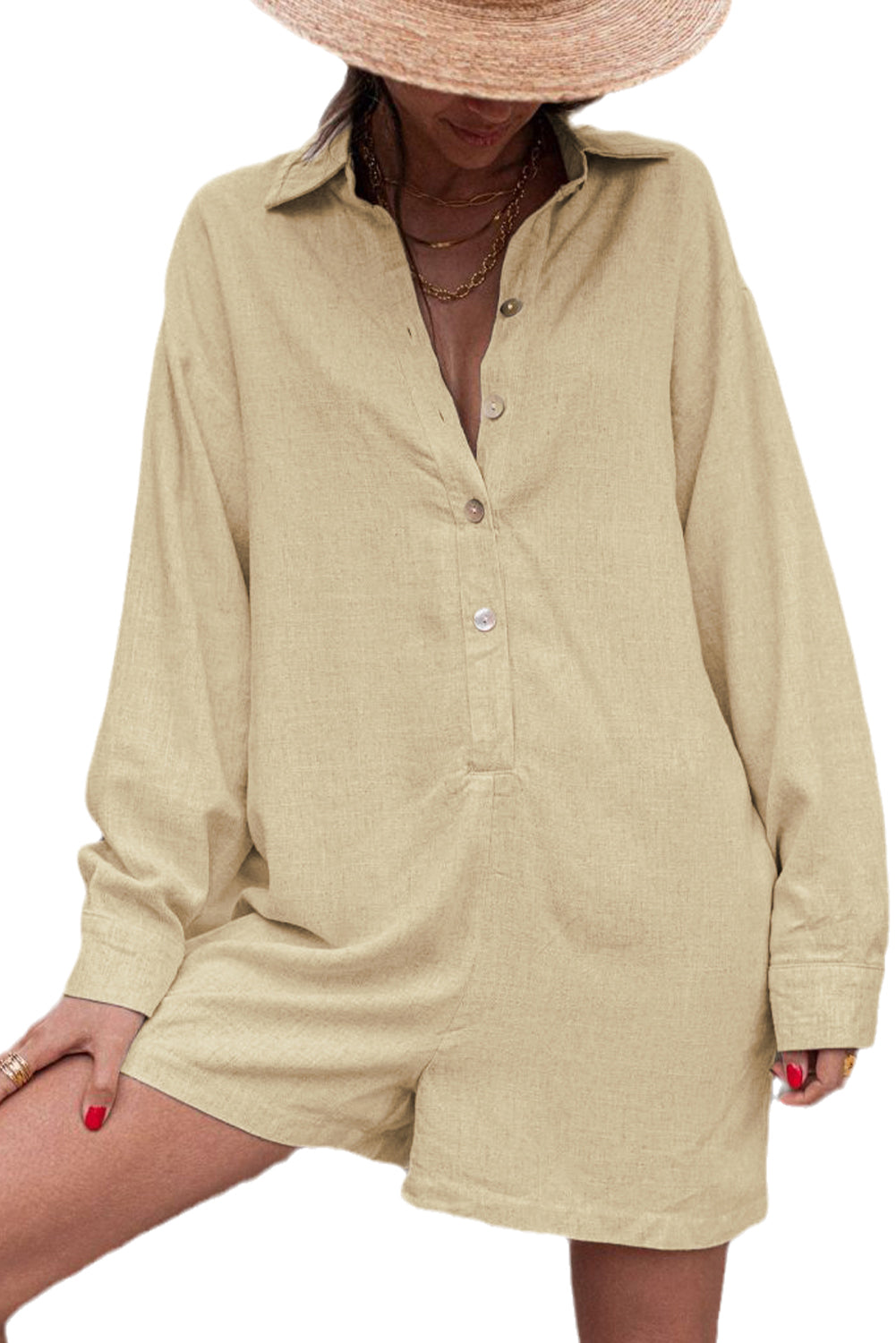 Half Button Shirt Collar Long Sleeve Loose Romper - Dixie Hike & Style