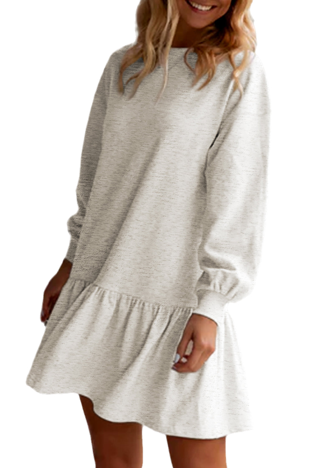 White Solid Color Puff Sleeve Ruffle Hem Mini Dress - Dixie Hike & Style
