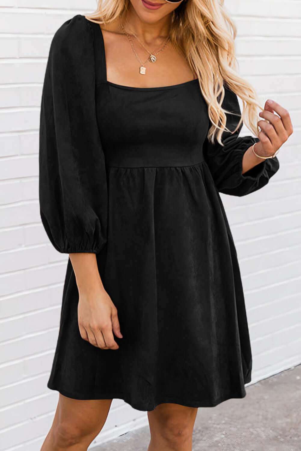 Black Suede Square Neck Puff Sleeve Dress - Dixie Hike & Style