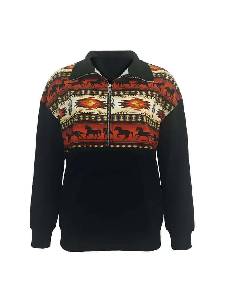 Aztec Wanderer: Cozy Lapel Sweatshirt for Women - Dixie Hike & Style