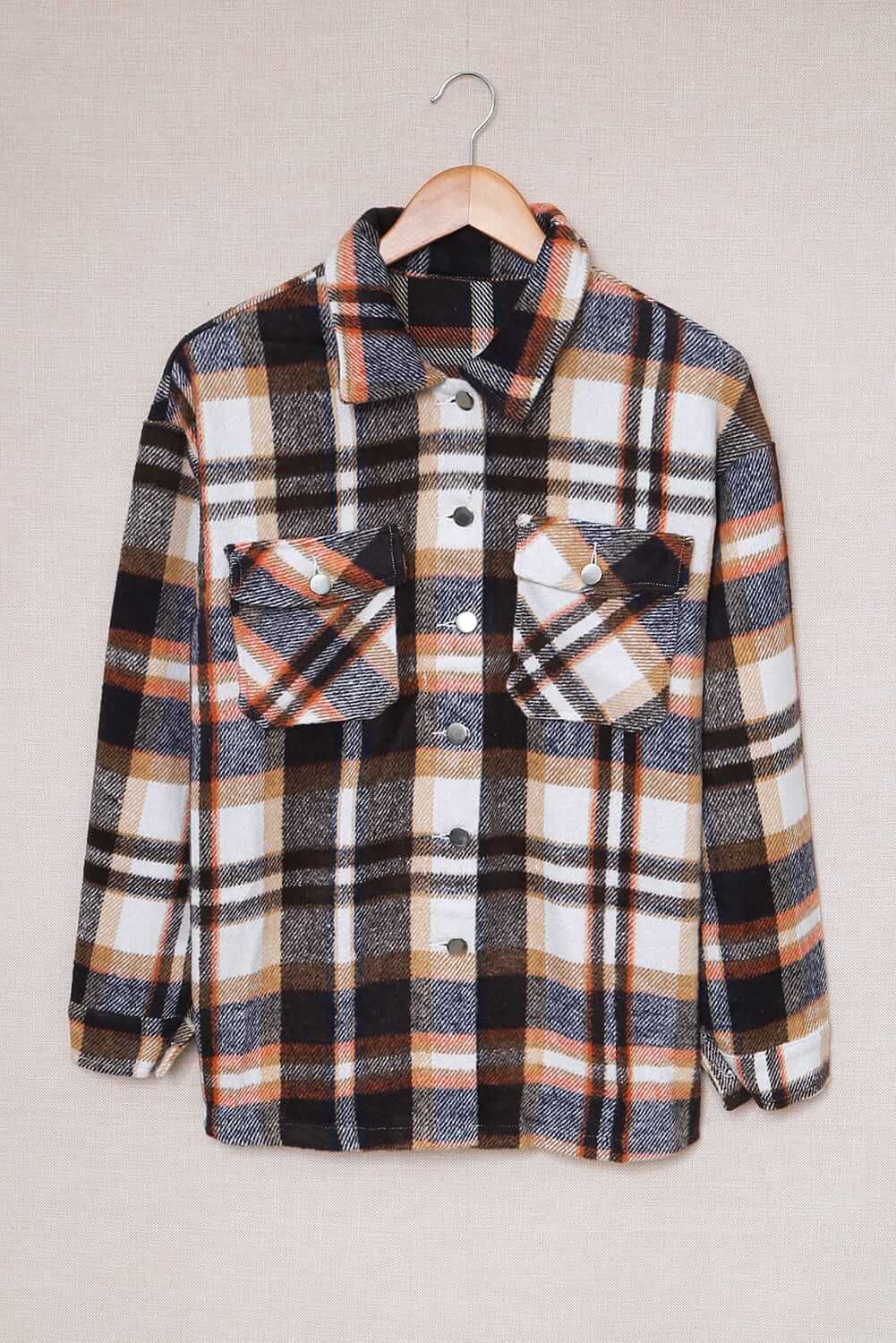 Geometric Plaid Print Pocketed Shacket - Dixie Hike & Style