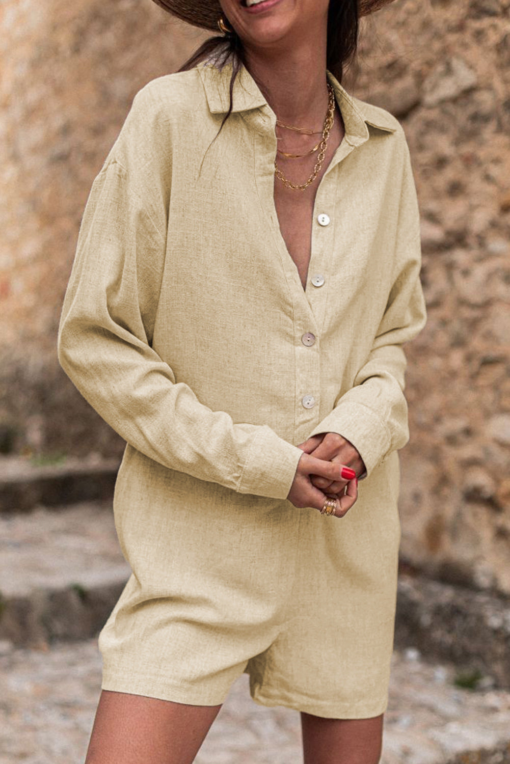 Half Button Shirt Collar Long Sleeve Loose Romper - Dixie Hike & Style