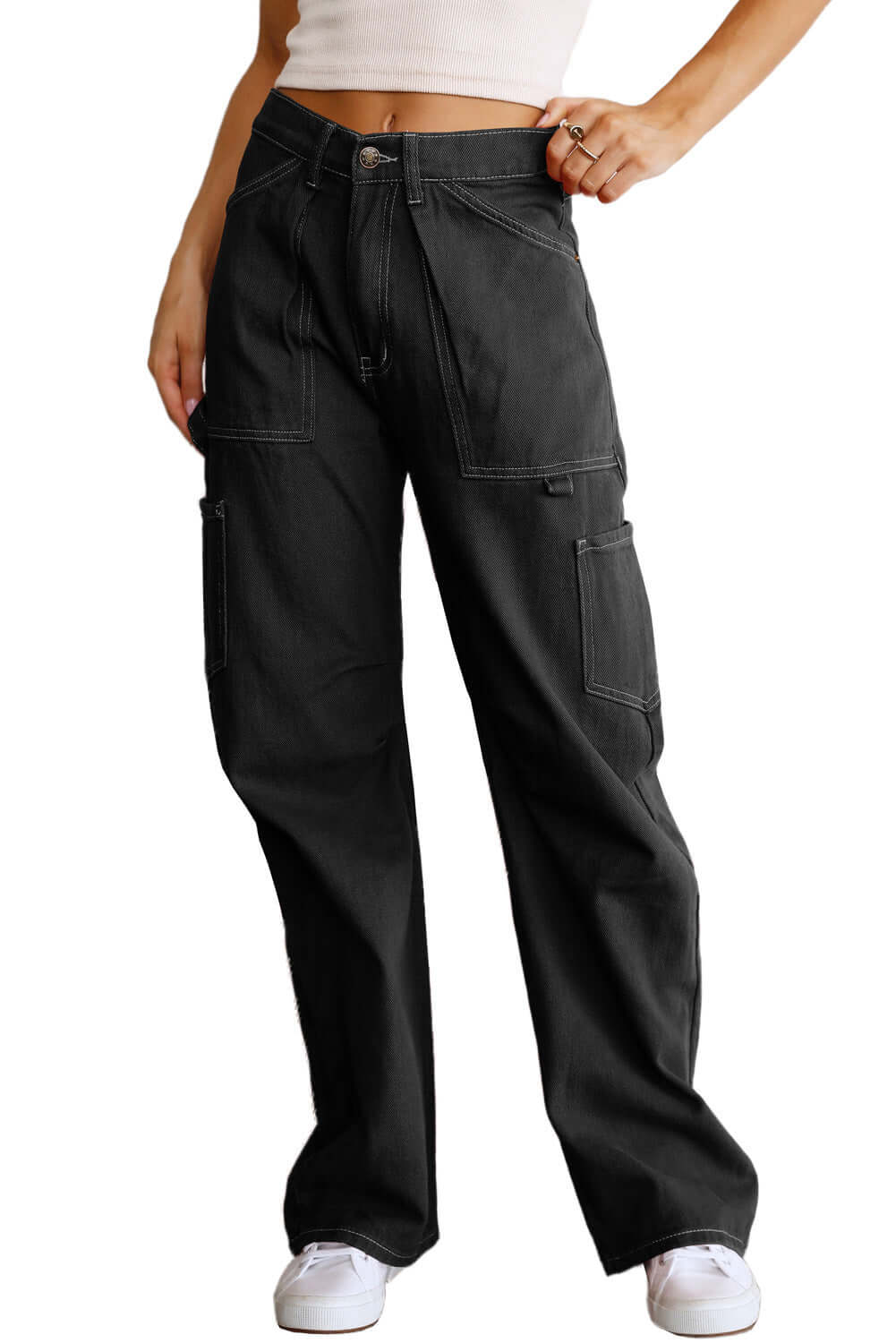 Black High Waist Straight Leg Cargo Pants with Pockets - Dixie Hike & Style