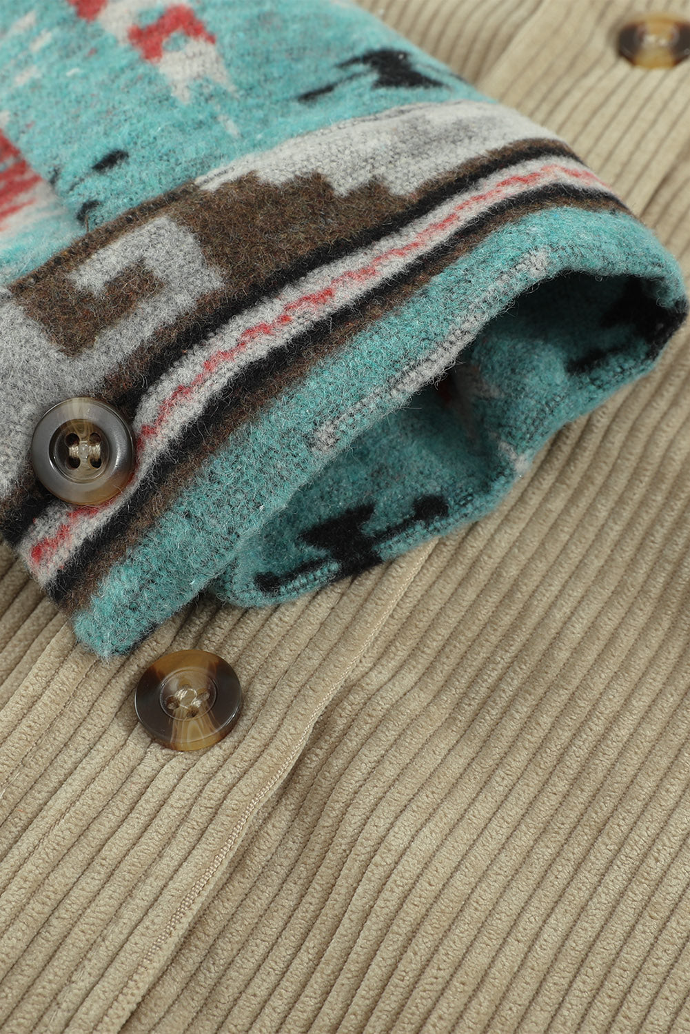 Khaki Aztec Pattern Sleeve Pocketed Corduroy Shacket - Dixie Hike & Style