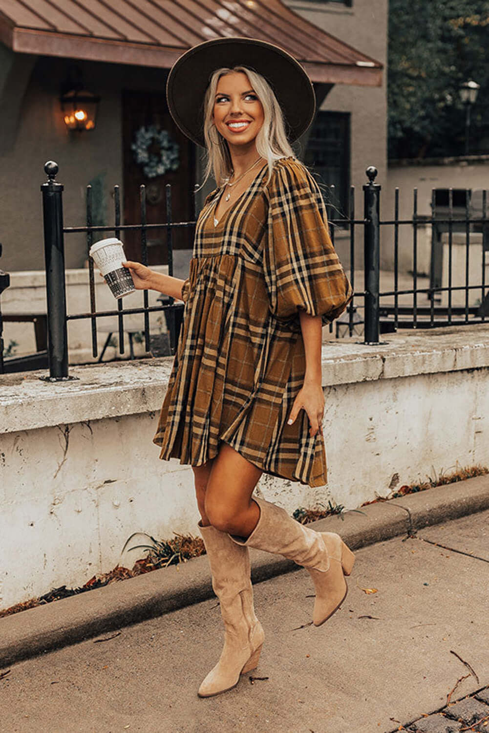 Brown Plaid Pattern Empire Waist Babydoll Dress - Dixie Hike & Style