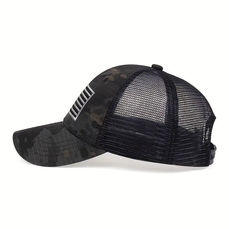 Black Camo American Flag Trucker Hat - Unisex Cap - Dixie Hike & Style