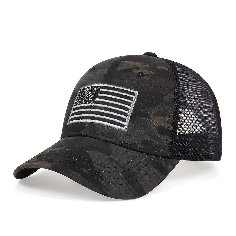 Black Camo American Flag Trucker Hat - Unisex Cap - Dixie Hike & Style