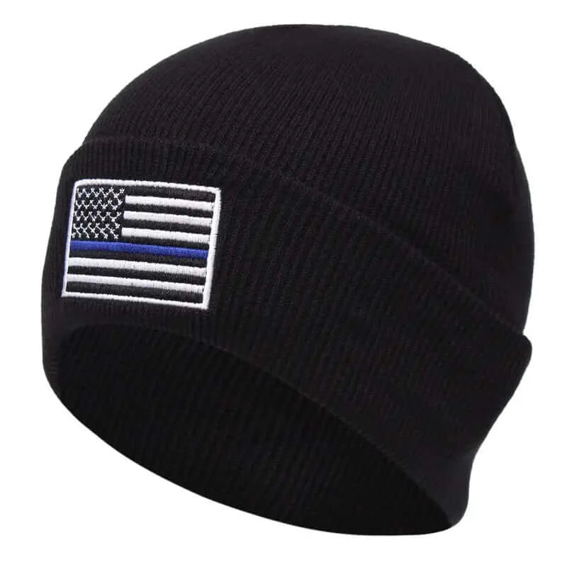 BlueLine Defender Beanie: Unisex Windproof Ski Hat with Blue Line Flag - Dixie Hike & Style