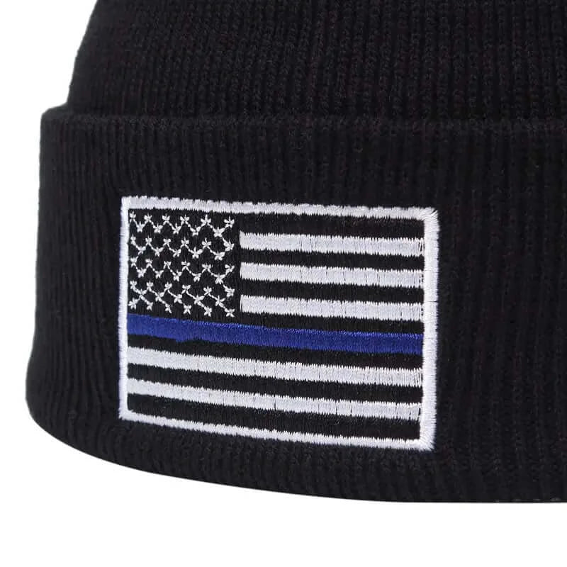 BlueLine Defender Beanie: Unisex Windproof Ski Hat with Blue Line Flag - Dixie Hike & Style