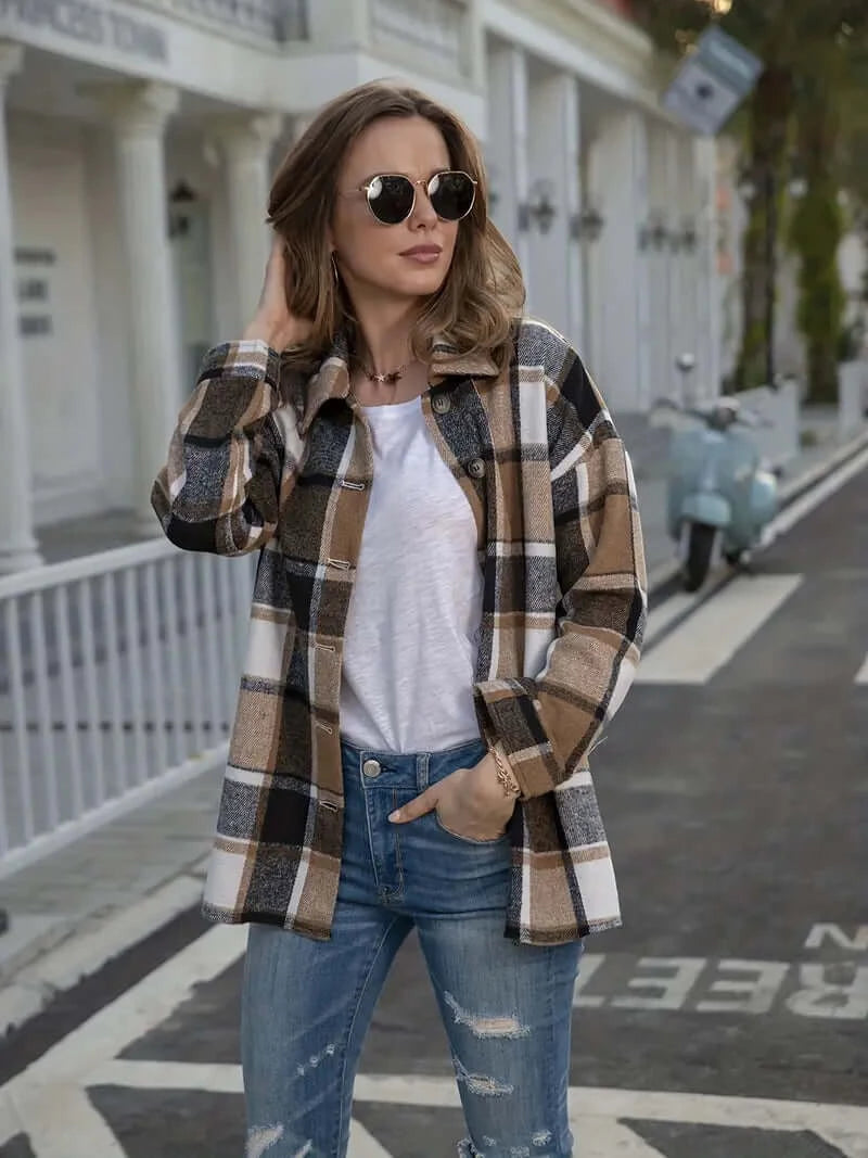 Brown Plaid Adult Button-Up Top - Fall Fashion Essential - Dixie Hike & Style
