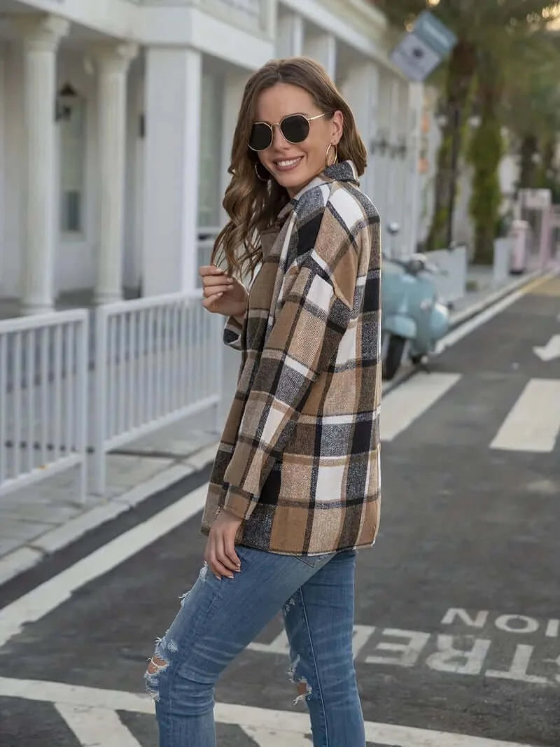Brown Plaid Adult Button-Up Top - Fall Fashion Essential - Dixie Hike & Style