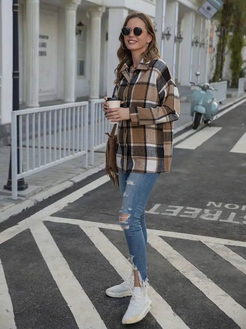 Brown Plaid Adult Button-Up Top - Fall Fashion Essential - Dixie Hike & Style