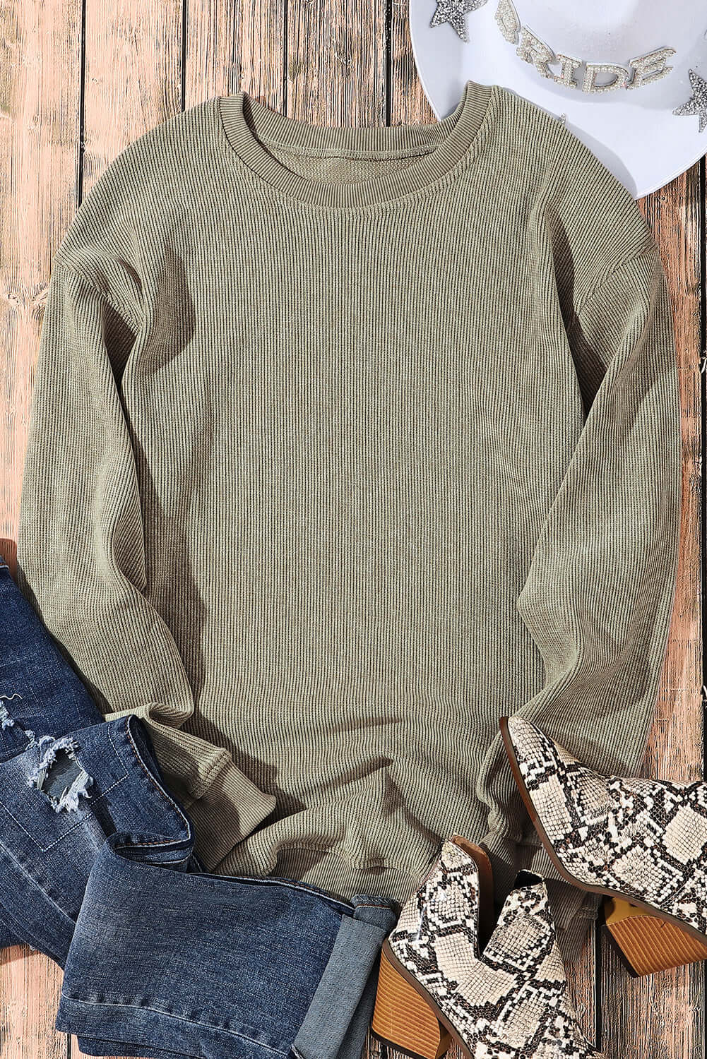 Green Solid Ribbed Knit Round Neck Pullover Sweatshirt - Dixie Hike & Style