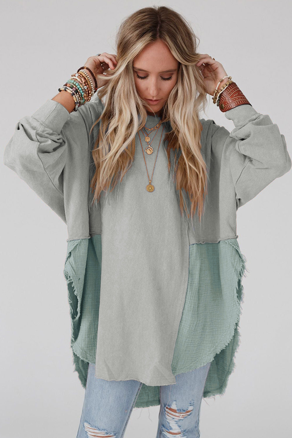 Grey Crinkle Splicing Raw Hem High Low Oversized Blouse - Dixie Hike & Style