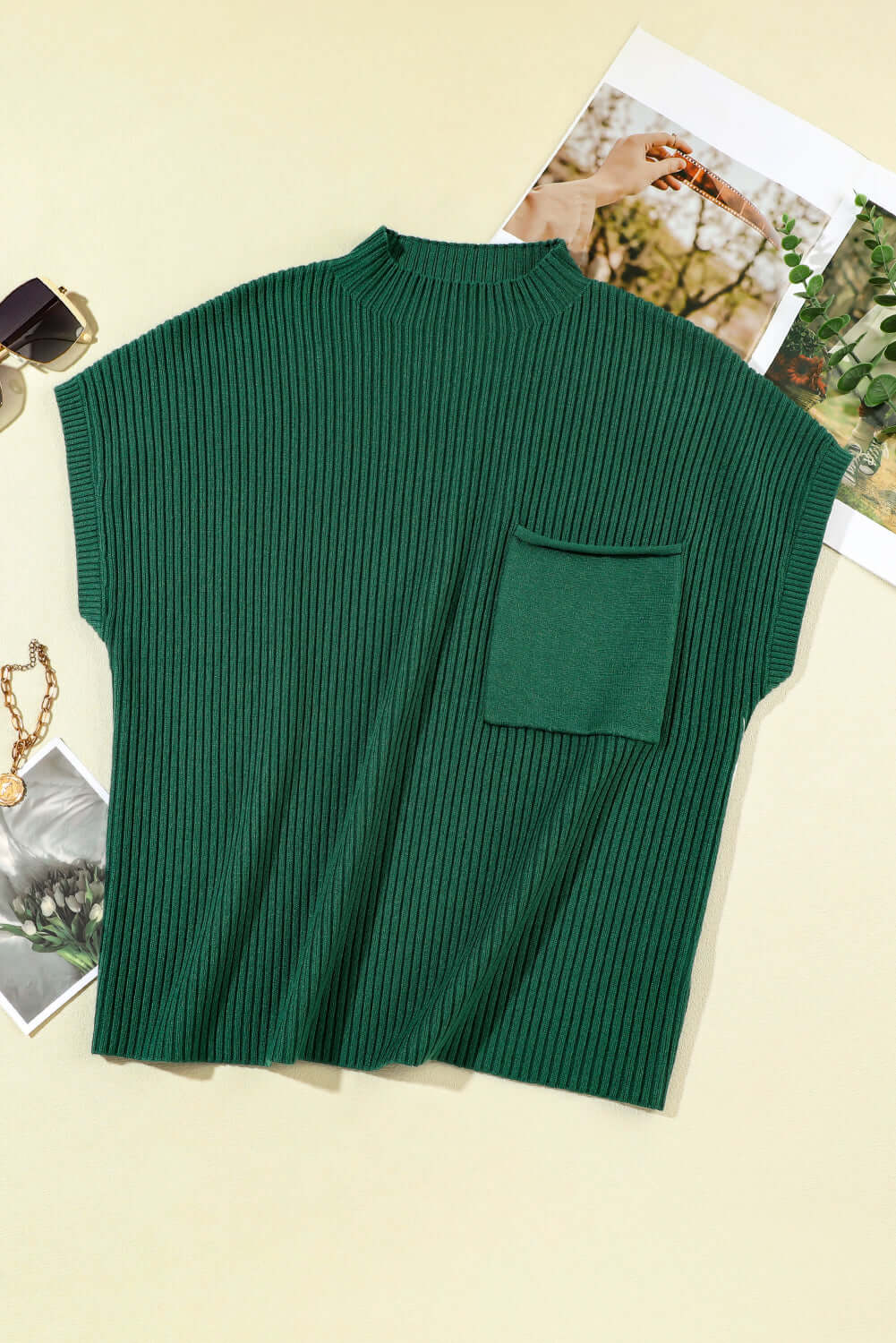Blackish Green Patch Pocket Ribbed Knit Short Sleeve Sweater - Dixie Hike & Style