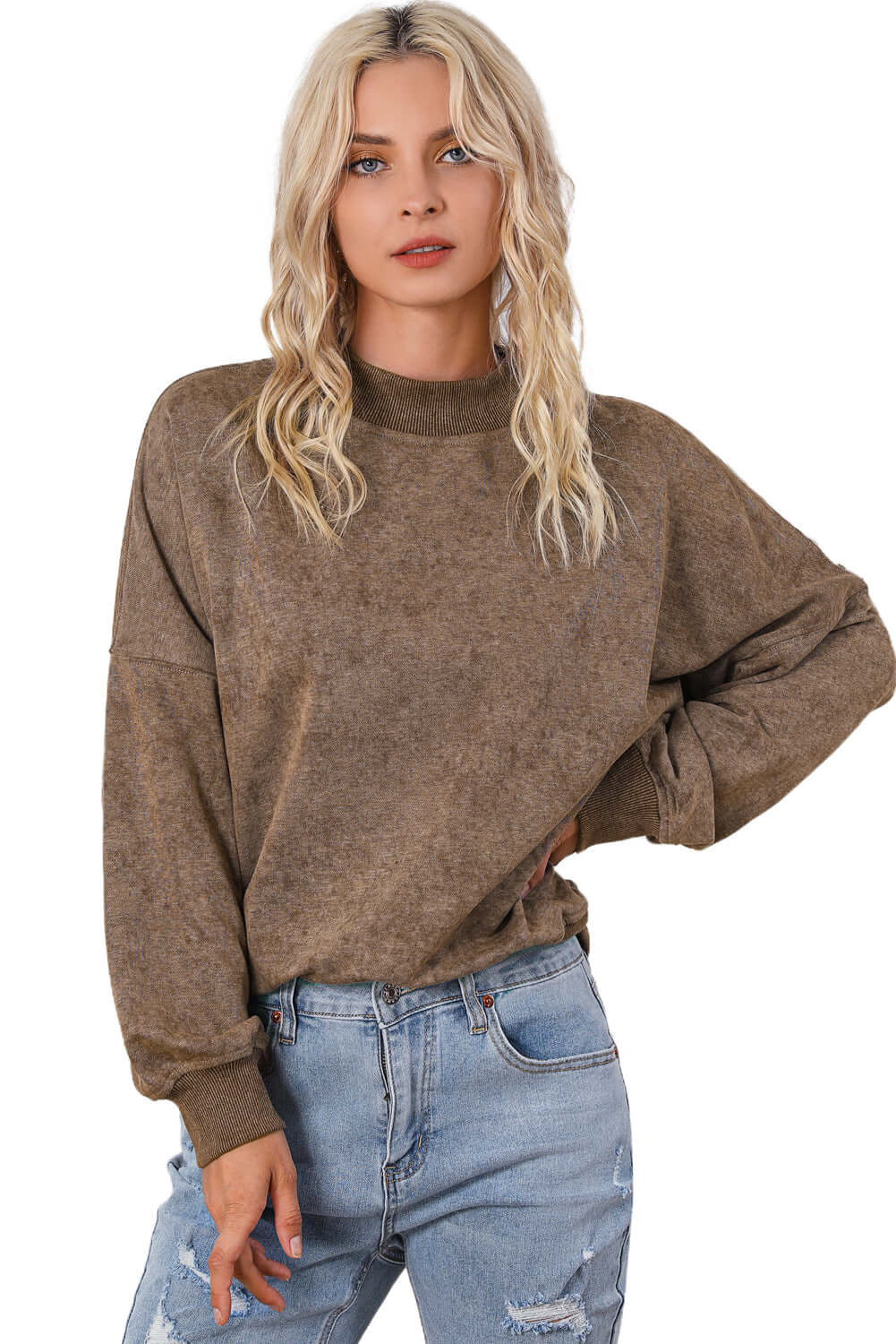 Brown Drop Shoulder Crew Neck Pullover Sweatshirt - Dixie Hike & Style
