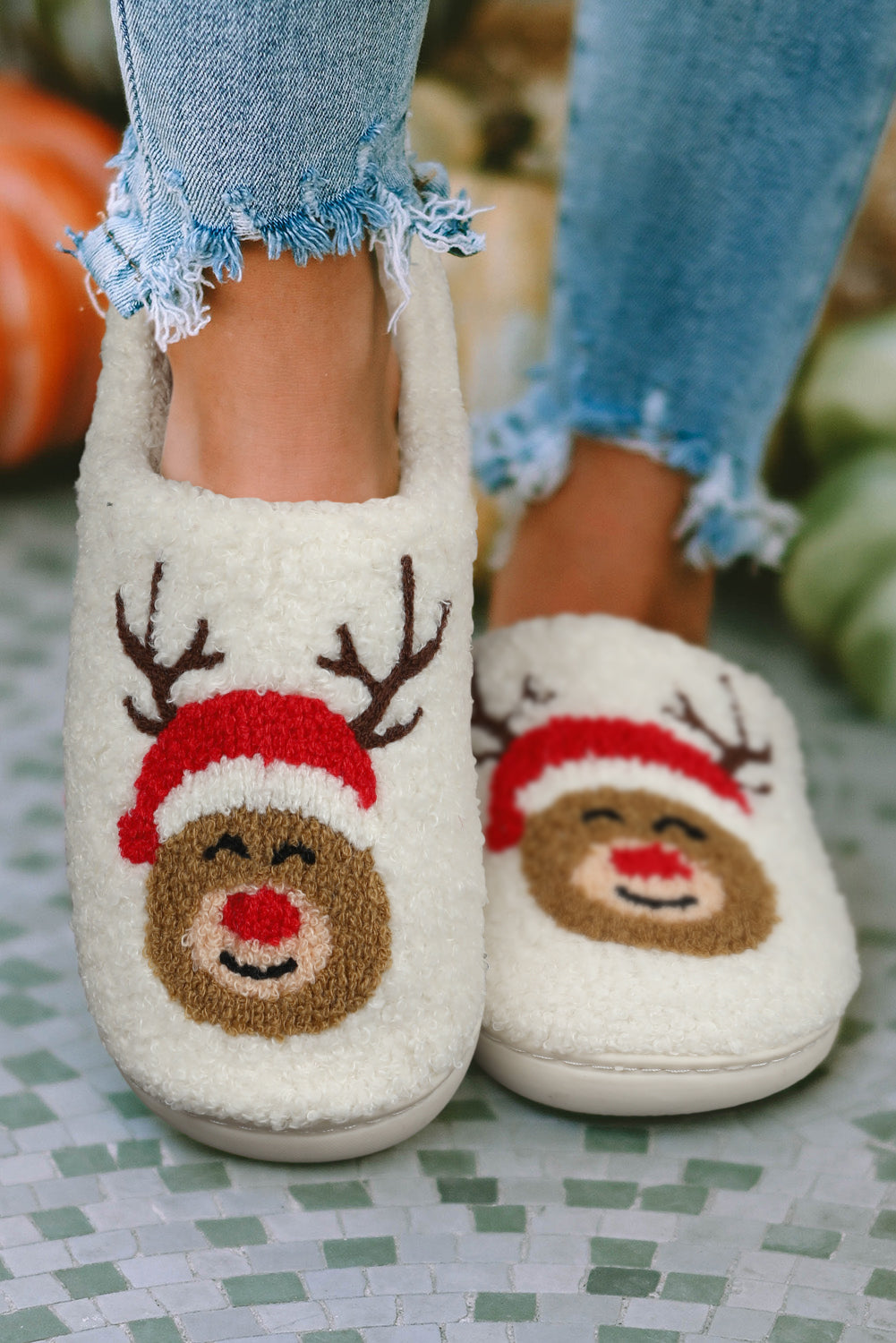 White Christmas Deer Home Indoor Plush Slippers - Dixie Hike & Style