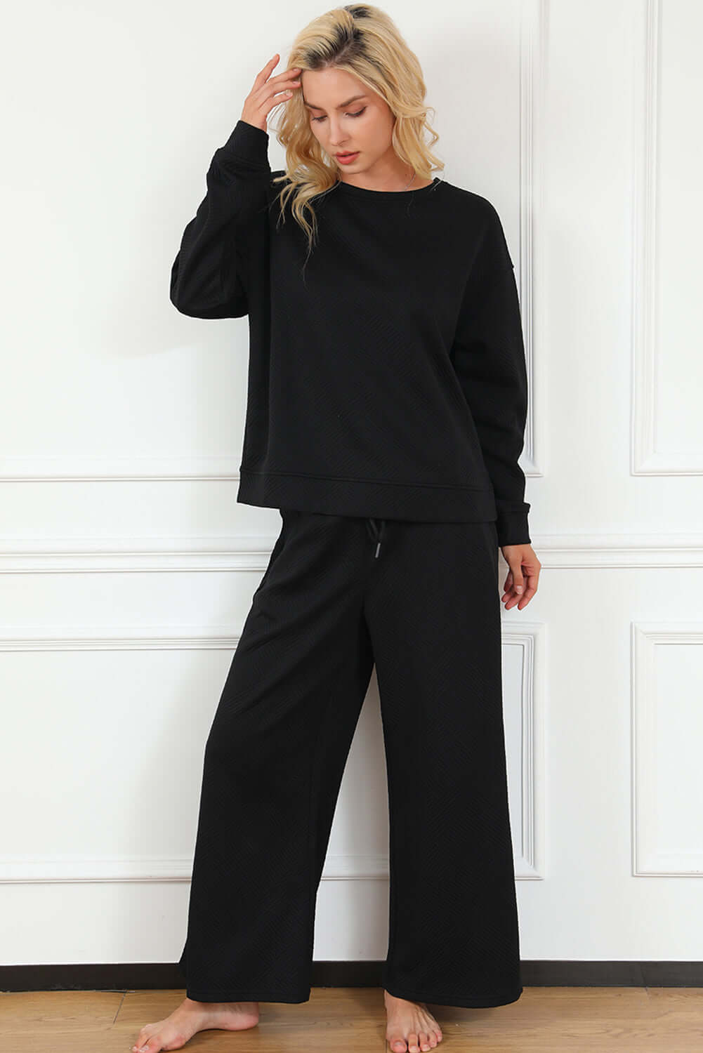 Black Ultra Loose Textured 2pcs Slouchy Outfit - Dixie Hike & Style