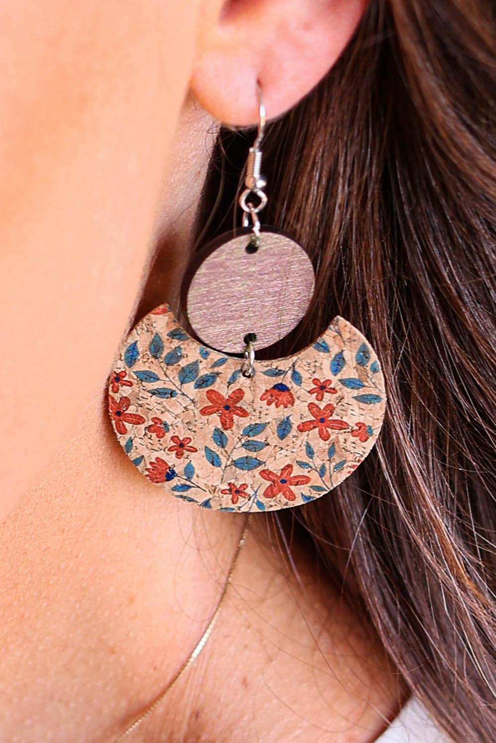 Multicolor Vintage Floral Print Geometric Wood Earrings - Dixie Hike & Style