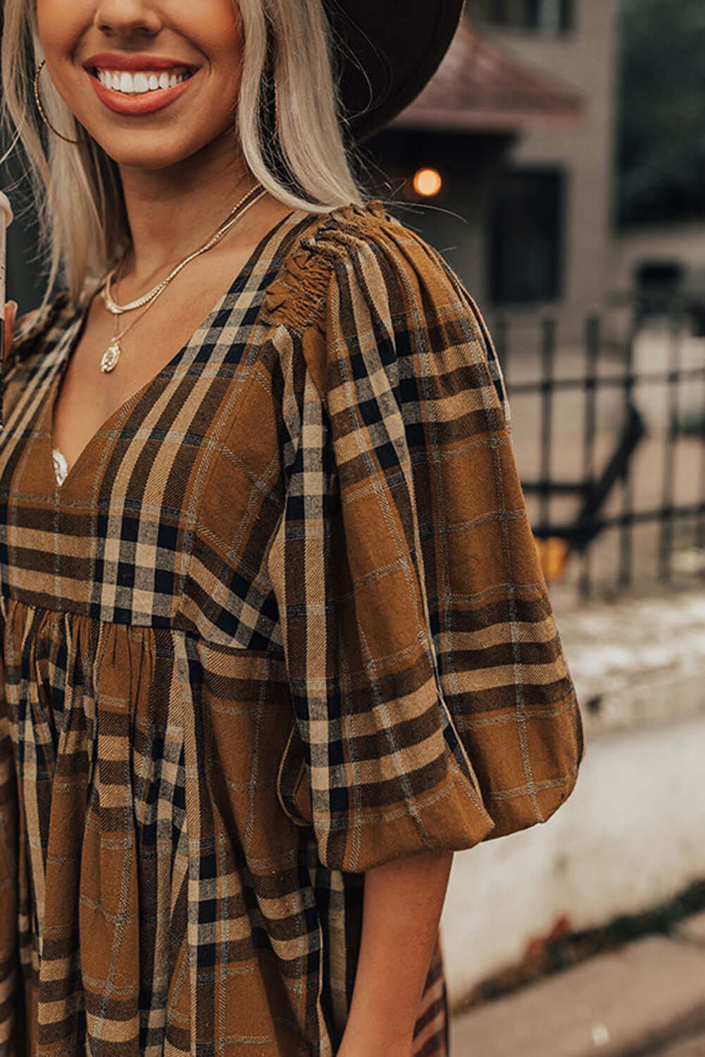Brown Plaid Pattern Empire Waist Babydoll Dress - Dixie Hike & Style