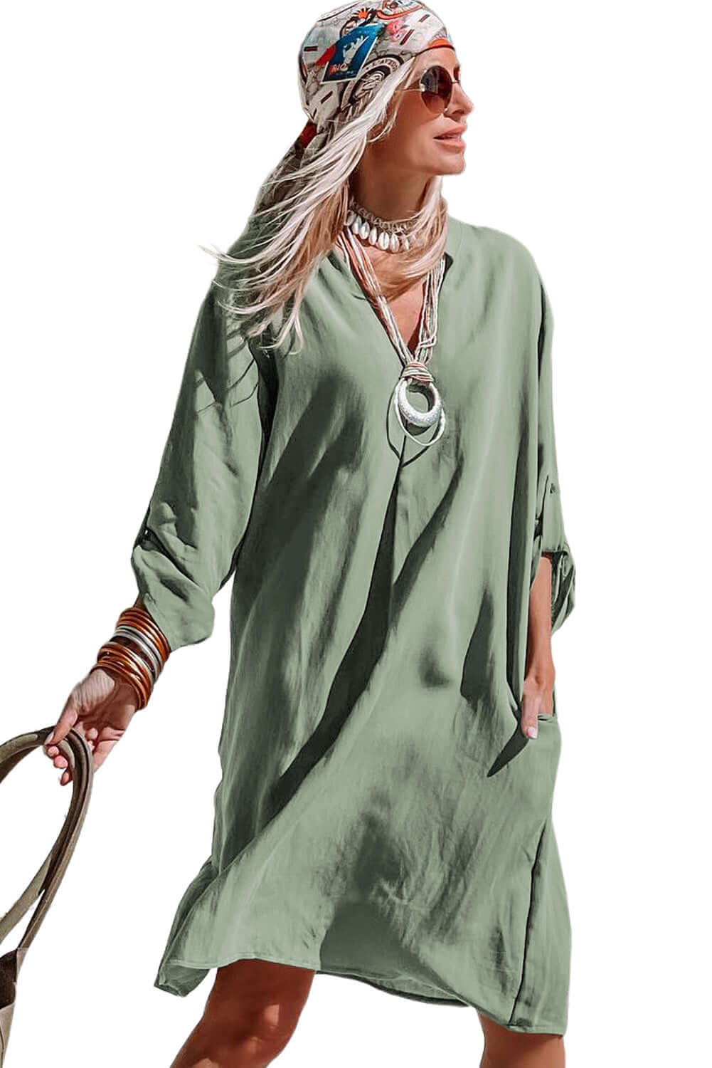 Green Roll-tab Sleeve Flowy Casual Dress - Dixie Hike & Style