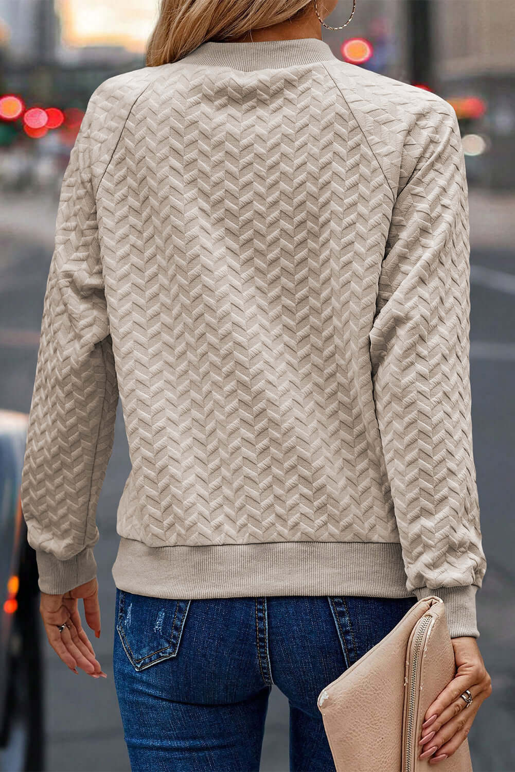 Beige Solid Textured Raglan Sleeve Pullover Sweatshirt - Dixie Hike & Style