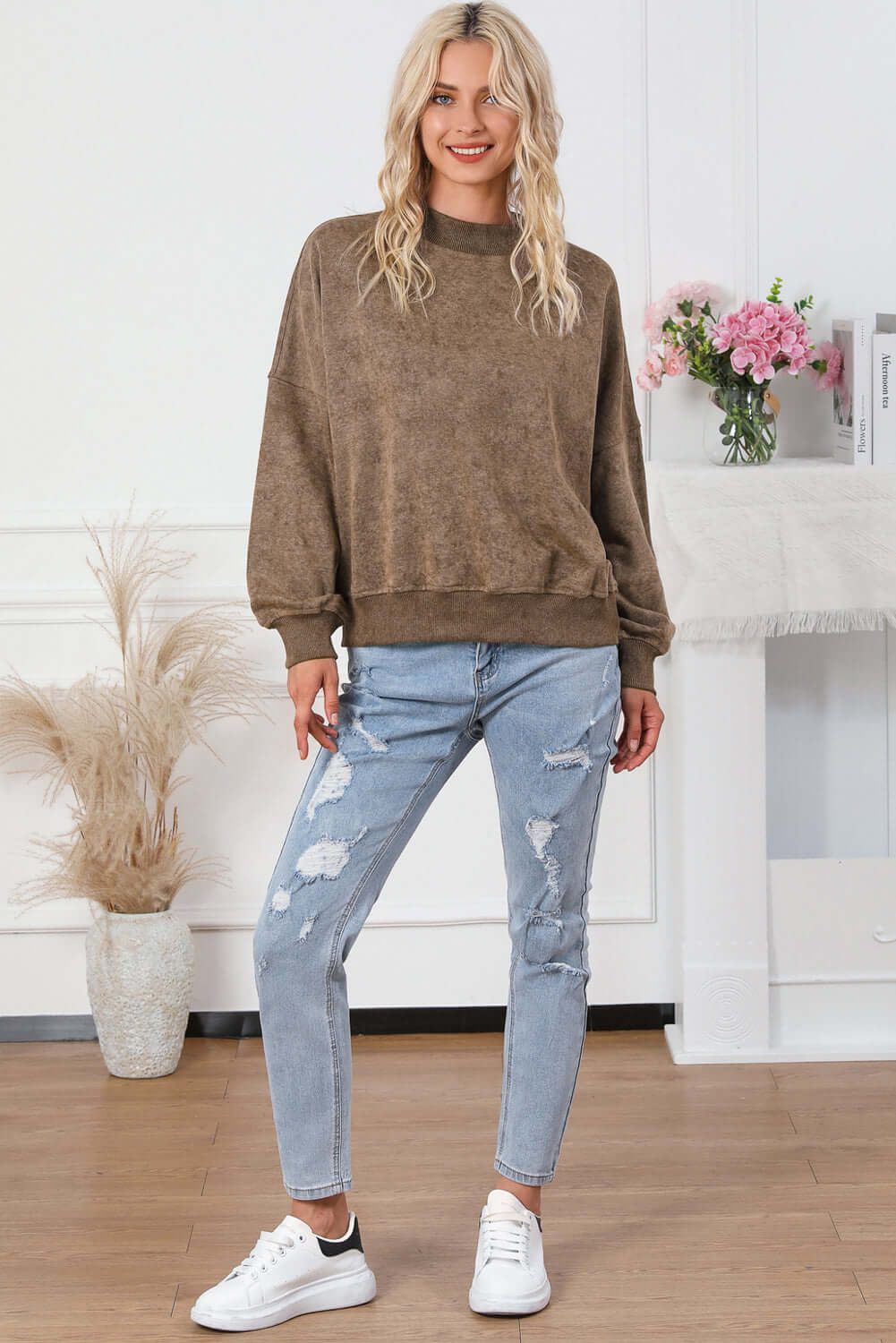 Brown Drop Shoulder Crew Neck Pullover Sweatshirt - Dixie Hike & Style