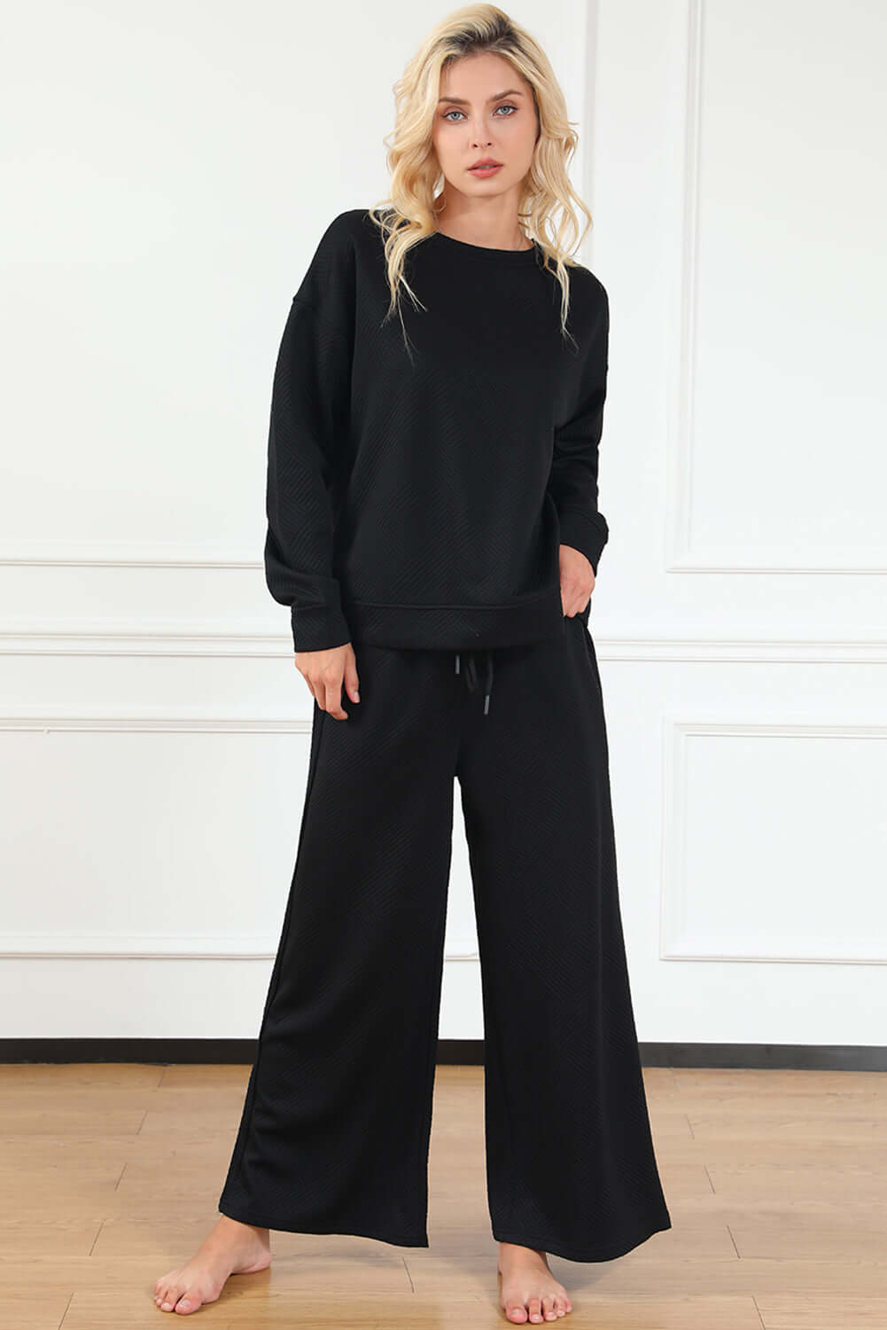 Black Ultra Loose Textured 2pcs Slouchy Outfit - Dixie Hike & Style