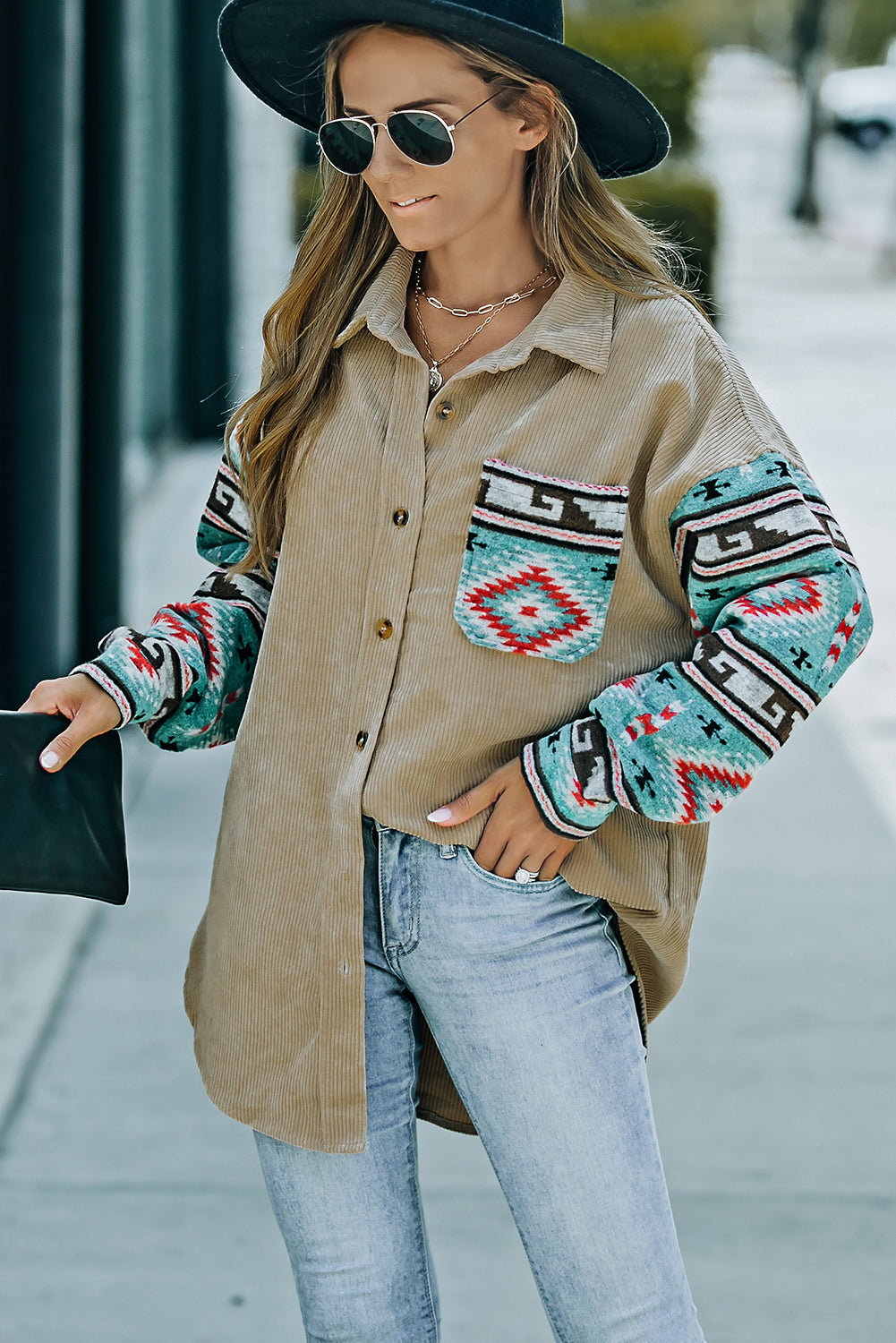 Khaki Aztec Pattern Sleeve Pocketed Corduroy Shacket - Dixie Hike & Style