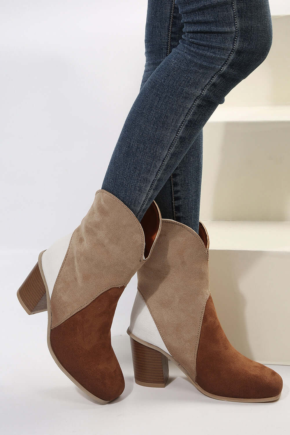 Chestnut Colorblock Suede Heeled Ankle Booties - Dixie Hike & Style
