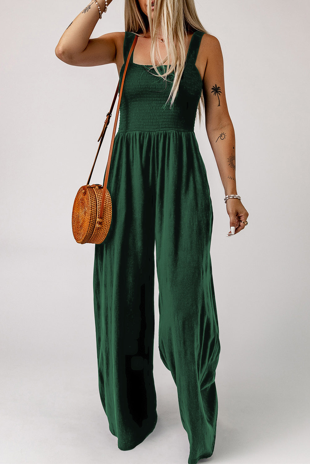 Green Smocked Sleeveless Wide Leg Jumpsuit with Pockets - Dixie Hike & Style