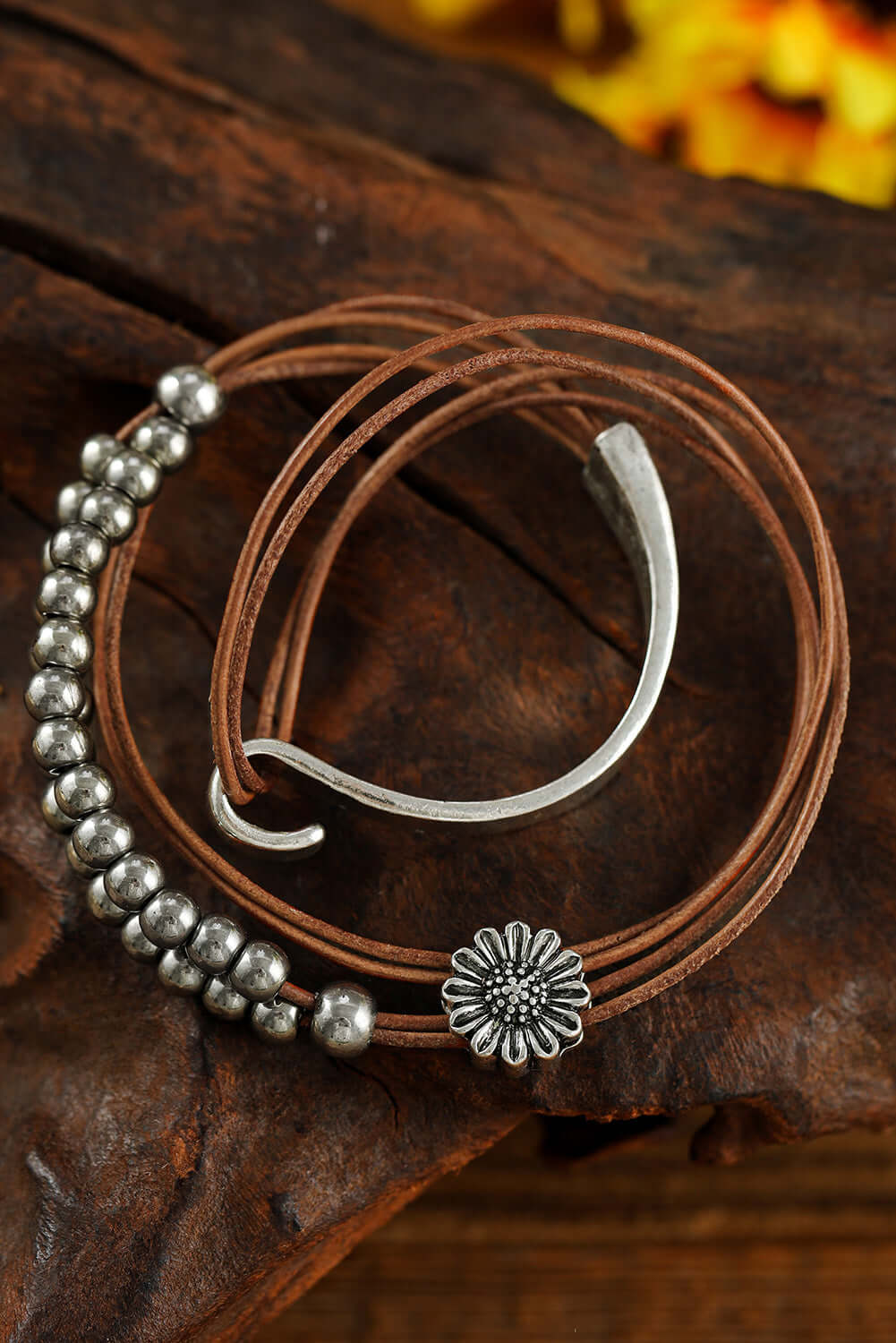 Brown Daisy Beading Alloy Multilayer Bracelet - Dixie Hike & Style